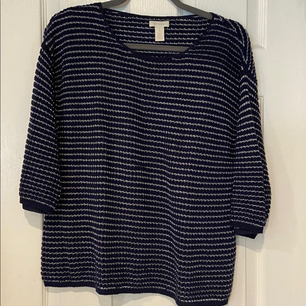 Chico's Dark Blue and White Knit Top Size 1 - Picture 5 of 7